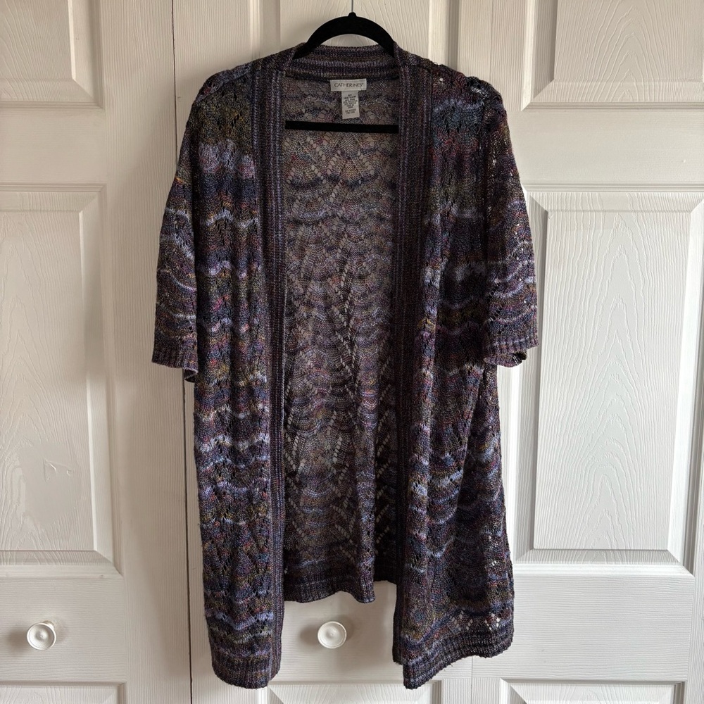 Catherines Sweater 2X Cardigan Open Front Purple Blue Coastal Cruise Resort Boho